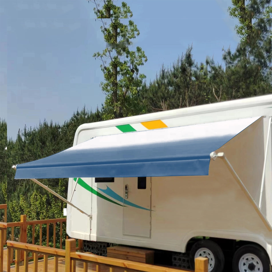 Manual RV Awning Complete Awning Kit，White Frame-Blue Fabric, 16Ft(15'2'' Fabric)
