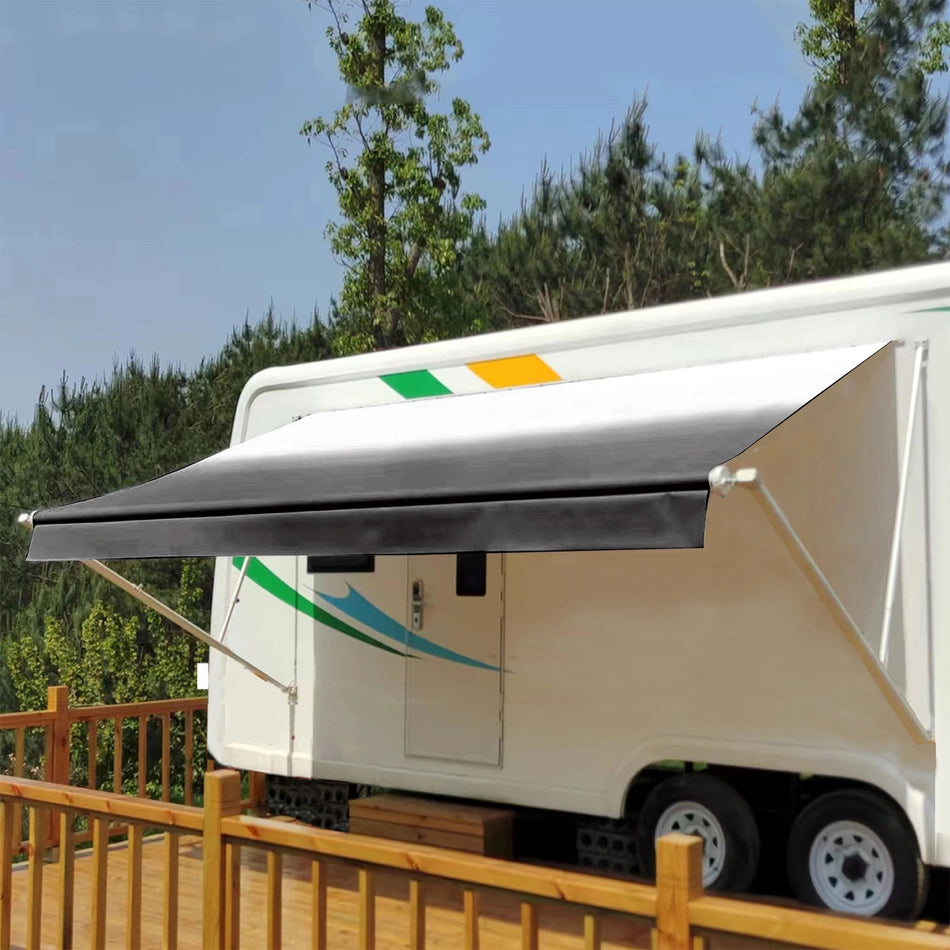 Manual RV Awning Complete Awning Kit，White Frame-Black Fabric, 13Ft(12'2'' Fabric)