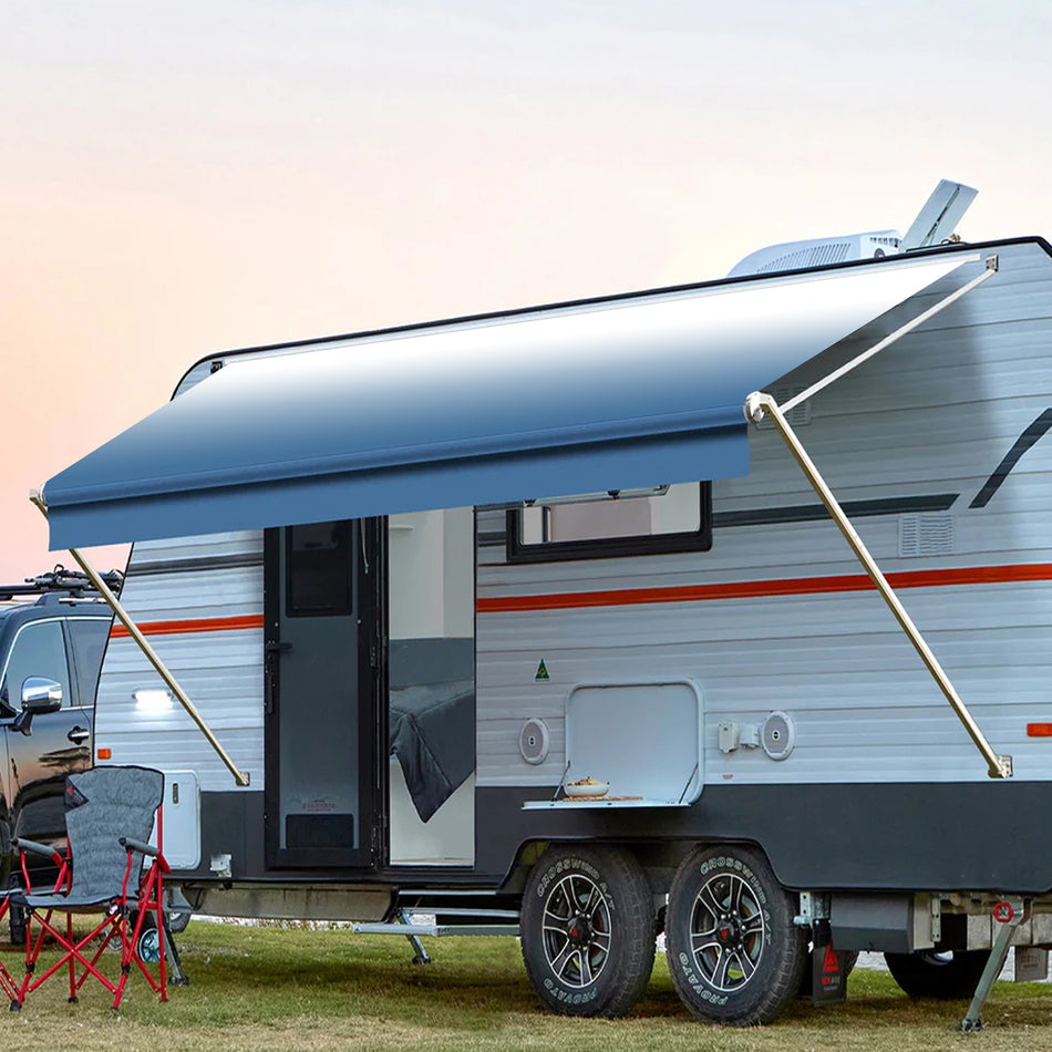 Manual RV Awning Complete Awning Kit，White Frame-Blue Fabric, 12Ft(11'2'' Fabric)