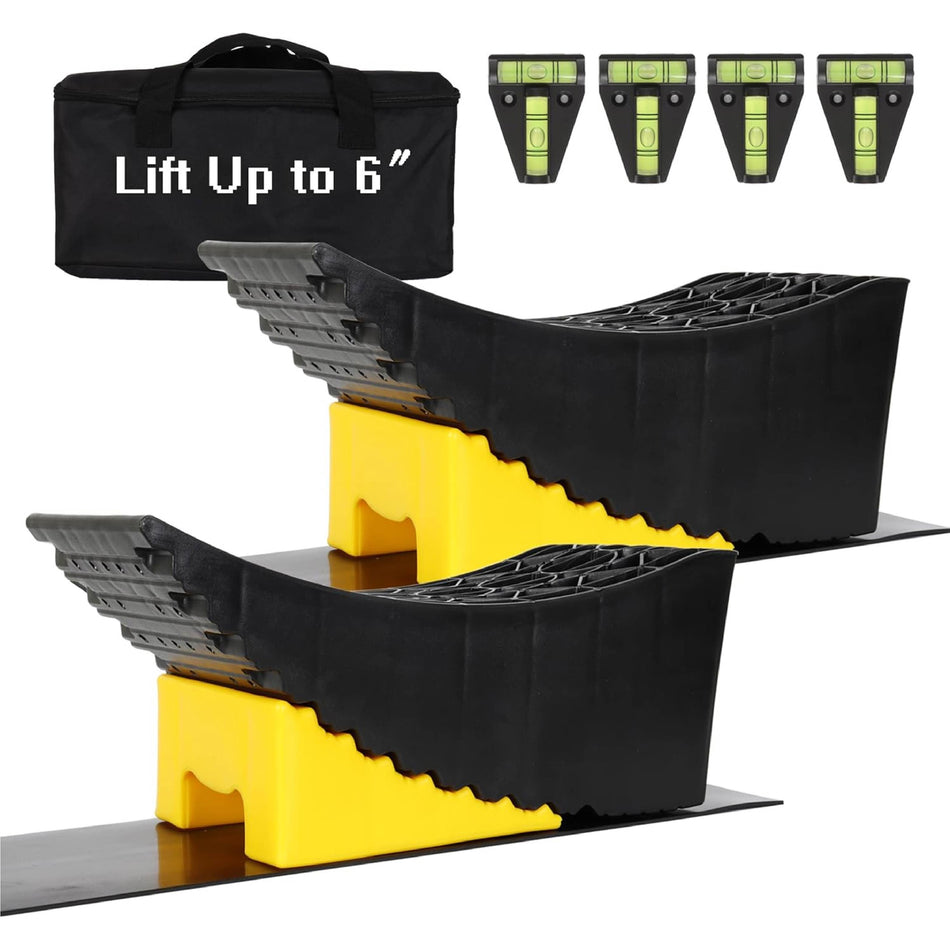 Camper Leveler RV Leveler Block Ramp Kit with 2 Levelers, 2 Blocks, 2 Anti-Slip Pads and Carrying Bag, RV Leveler for Travel Trailer (Black+Yellow)