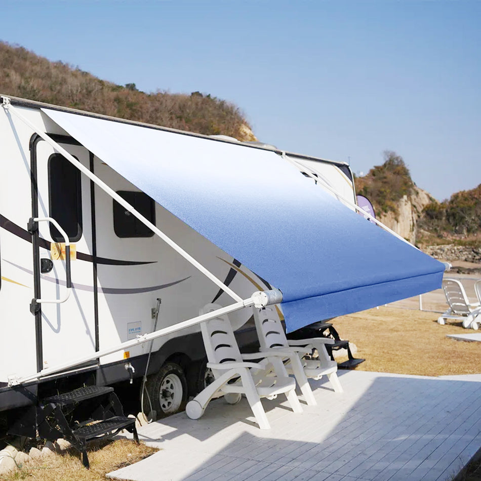 Manual RV Awning Complete Awning Kit，White Frame-Blue Fabric, 21Ft(20'2'' Fabric)