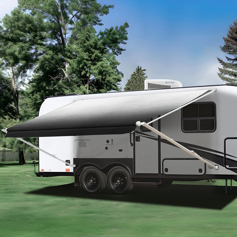 Manual RV Awning Complete Awning Kit，White Frame-Black Fabric, 12Ft(11'2'' Fabric)