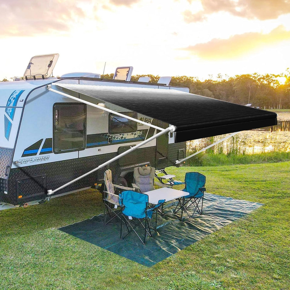 Manual RV Awning Complete Awning Kit，White Frame-Black Fabric, 11Ft(10'2'' Fabric)