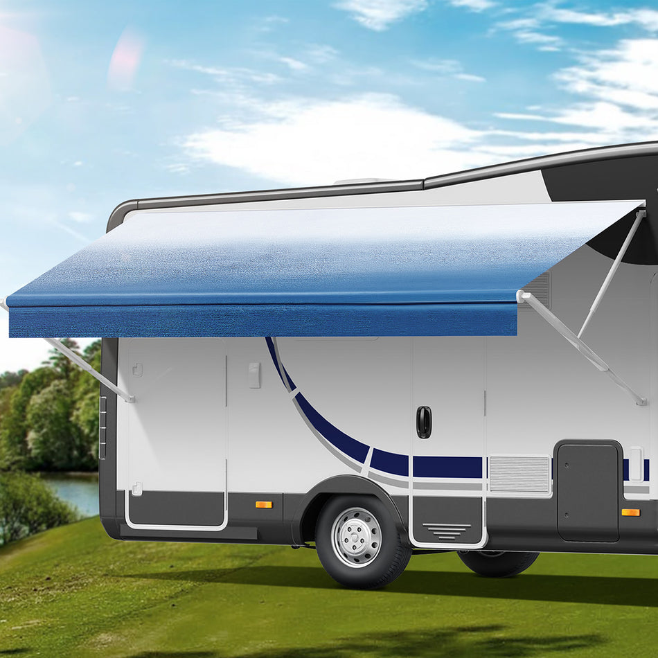 Manual RV Awning Complete Awning Kit，White Frame-Blue Fabric, 20Ft(19'2'' Fabric)