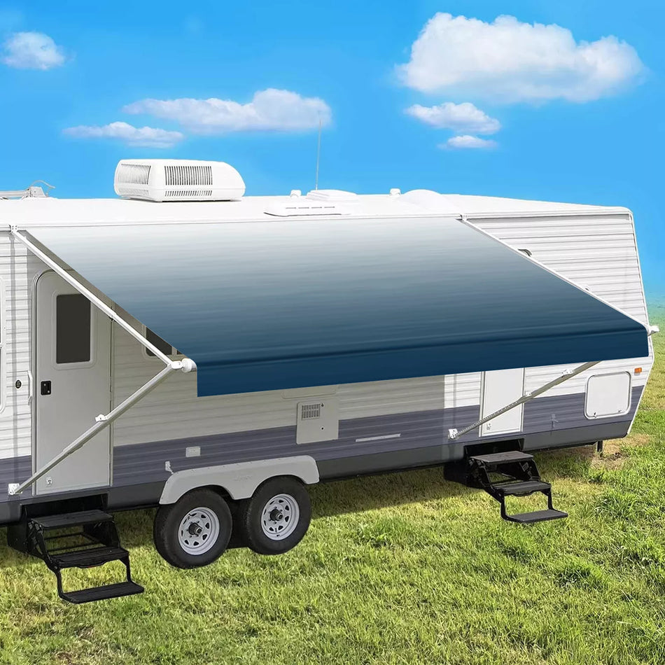 Manual RV Awning Complete Awning Kit，White Frame-Blue Fabric, 14Ft(13'2'' Fabric)